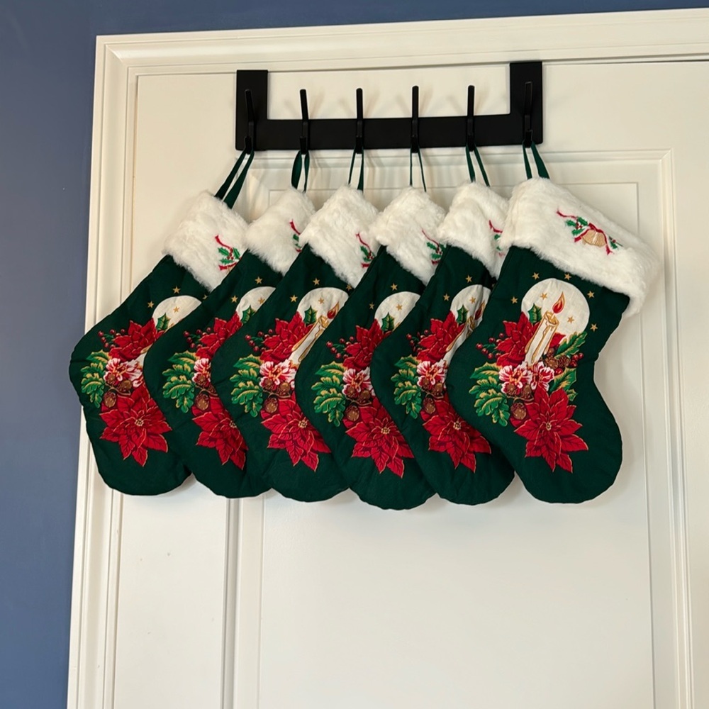 Christmas candle stick Poinsettia Stocking with bell on top of white 6 total